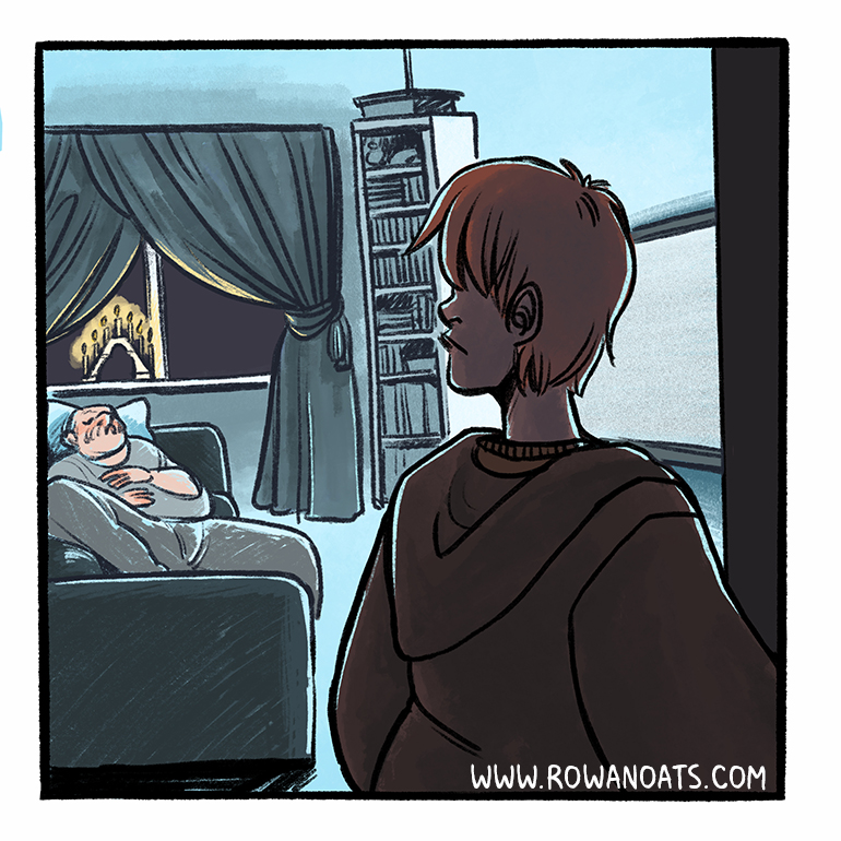 Panel eight. They sneak by the living room. An older man is asleep on the couch, illuminated by the TV static.